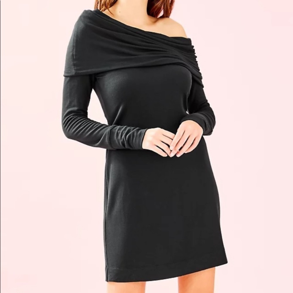NWT Lilly Pulitzer Size Medium Black Onyx One Shoulder Drape Neck Dress $148